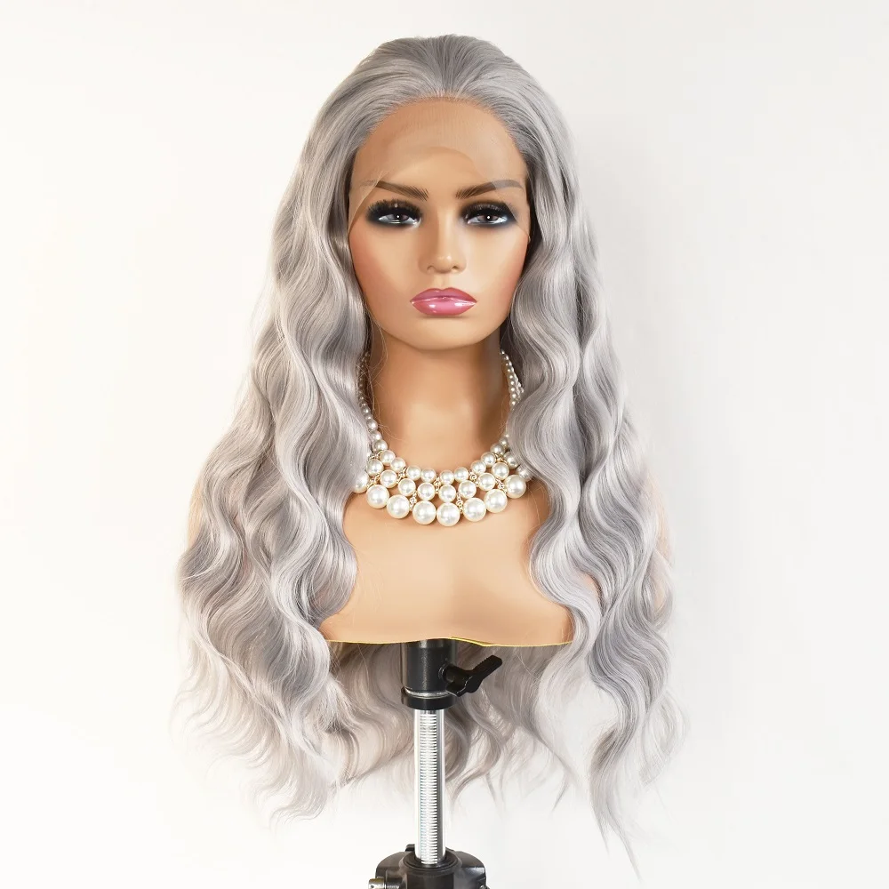 Grey Color Wavy Straight Wigs For Women High Temperature Fiber Synthetic Lace Front Wig Black Nautral Hair Wigs Cosplay