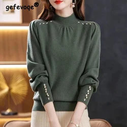 Frauen koreanische Mode Perlen elegante Strick pullover Herbst Winter solide Langarm lose Pullover Tops halbhohen Kragen Pullover