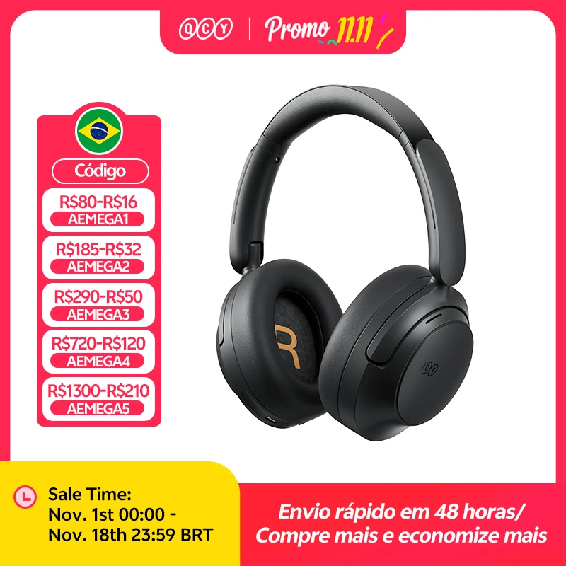 Fone de Ouvido QCY H3S com ANC Adaptativo de -56dB, Som Espacial Hi-Res LDAC, Fone Sem Fio Bluetooth 6.0, Driver Duplo, 102H de Bateria