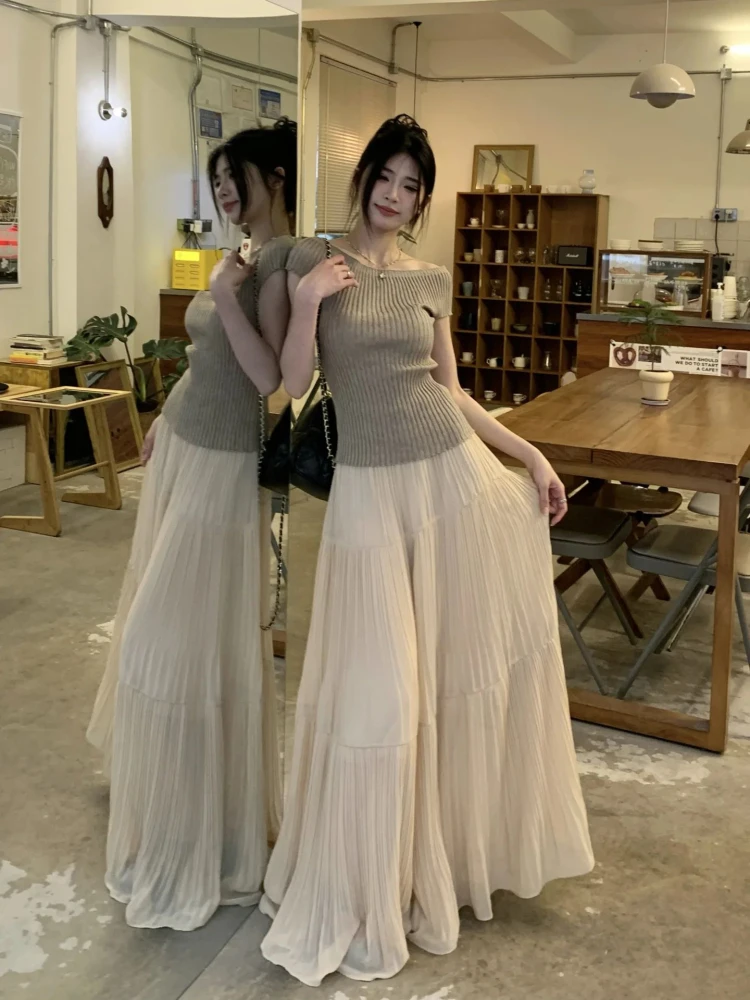 

Футболка Ele на одно плечо и юбка с высокой талией, комплект из двух предметов для женщин, летняя мода, высокая талия, широкие штанины