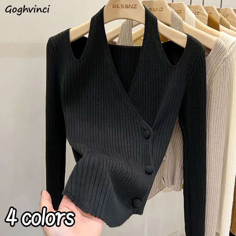 Halter Cardigans Women Slim Office Lady Cropped Elegant Chic Korean Style Fashion Simple Streetwear Temper Cozy Spring Knitwear