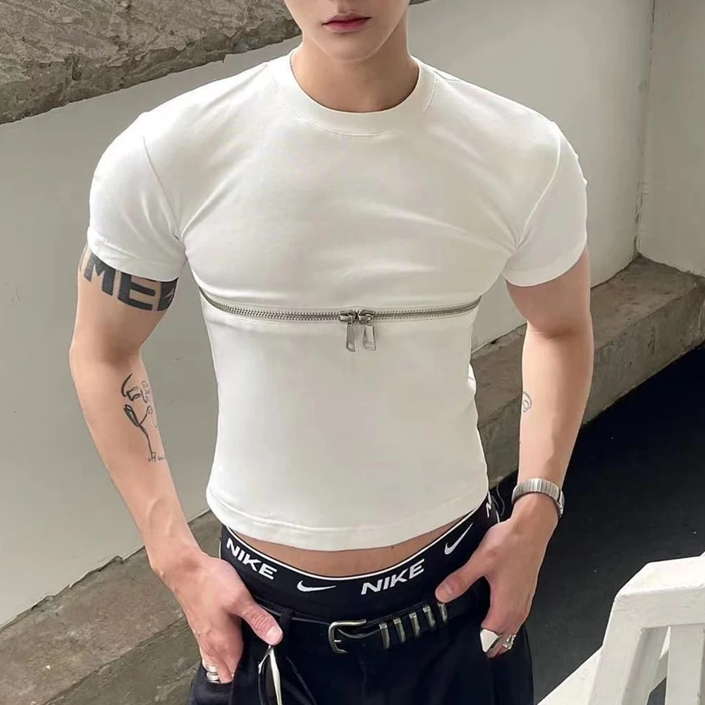 Fashion Crop Tops Men T Shirt Zipper Solid O-neck Short Sleeve T Shirt Summer Y2k Streetwear Unisex Short Tees Casual Camisetas