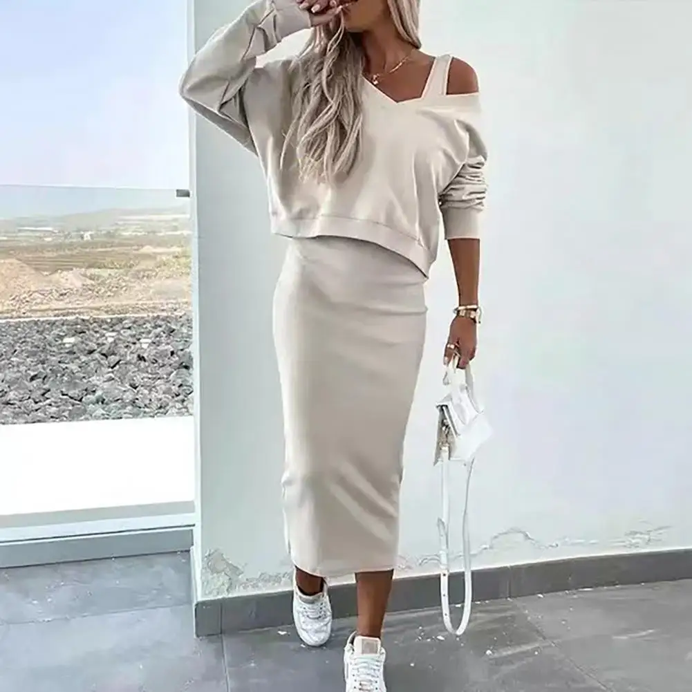 

Women's Dress Set 2 / Set V-neck Long Sleeve Solid Color Top High Waist Sheath Dress Daily Commute Dating Sweatshirt Dress