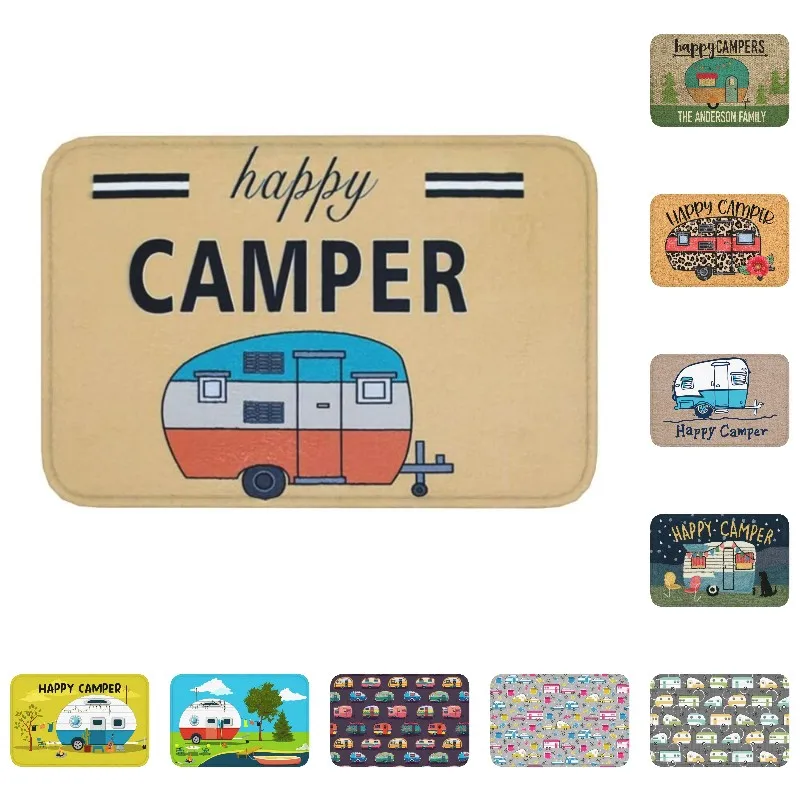 

Happy Camper Front Floor Door Mat Indoor Cartoon RV Camping Entrance Kitchen Bath Doormat Balcony Carpet Rug