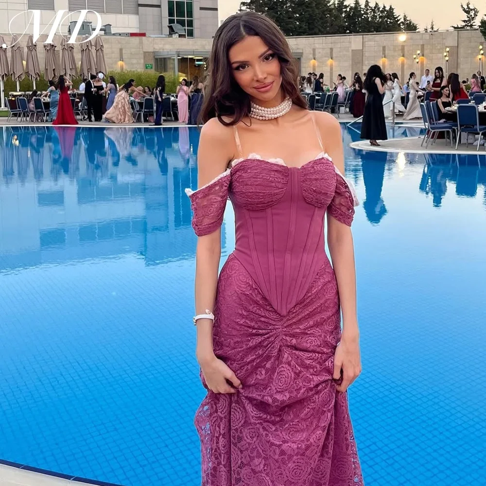 فستان سهرة جديد أنيق من الدانتيل الأحمر الأرجواني من MD بدون أكتاف على شكل قلب مناسبة خاصة فستان فيستدوس دي فييستا مخصص 2025