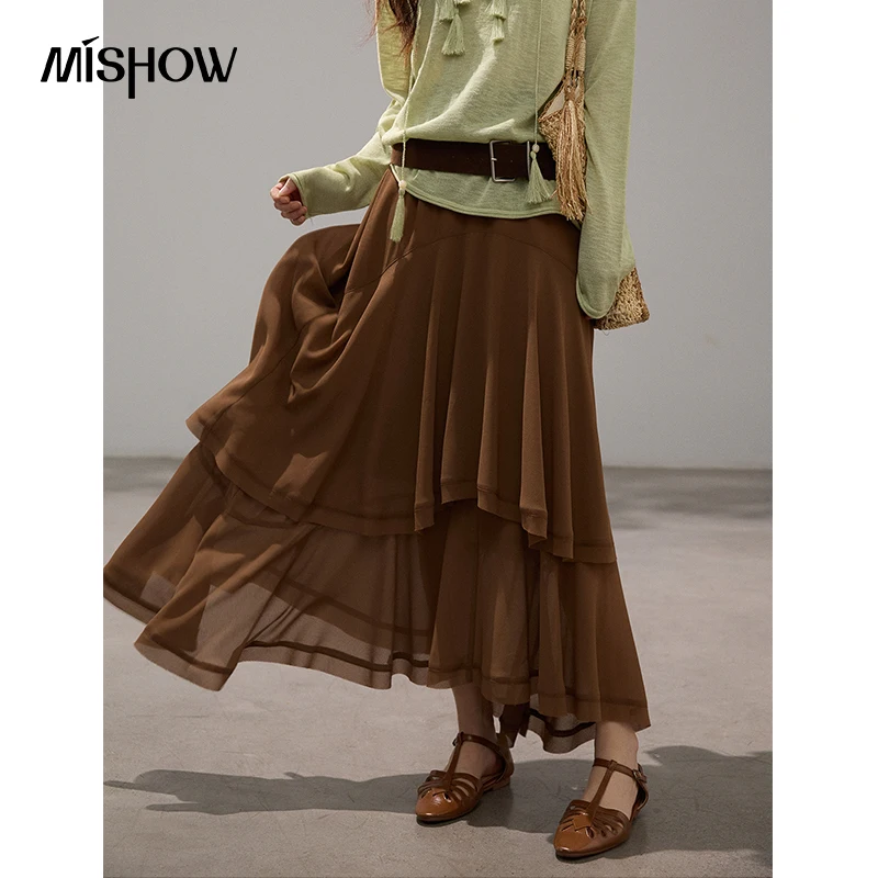 MISHOW Damen-Maxirock im Vintage-Stil aus braunem Chiffon, gestuft, elastisch, mittelhohe Taille, A-Linie, unregelmäßiger Saum, lässiger, fließender langer Rock MXF16B2486