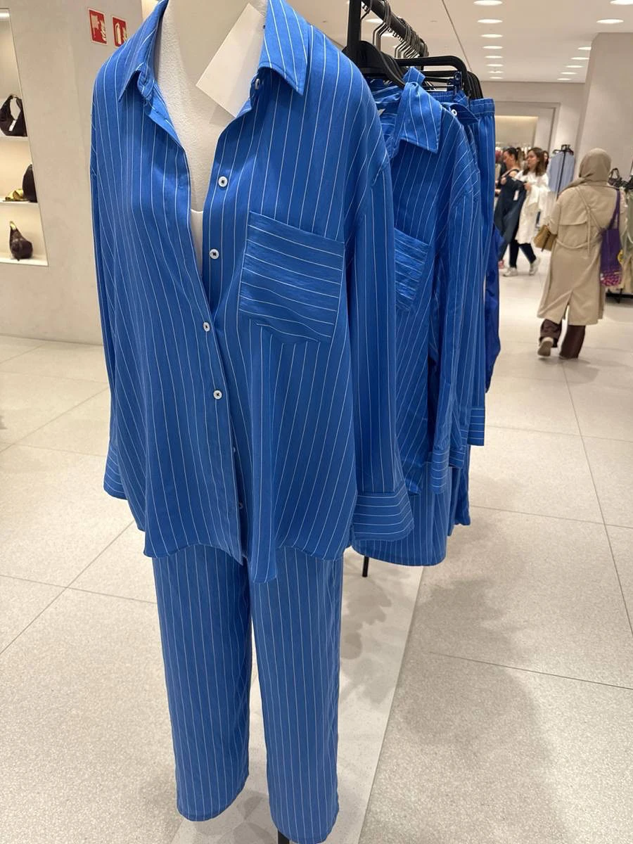 

Blue Striped Loose 2 Piece Set Women Single Breasted Long Sleeve Pocket Blouse Simple Casual Drawstring Straight Pants Sets New