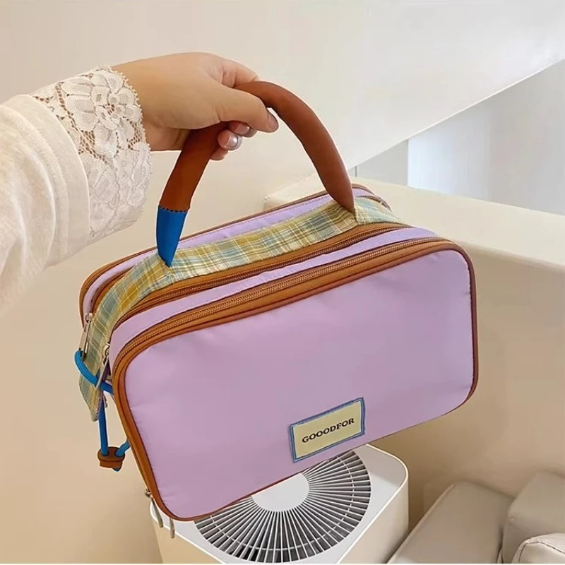 Large Capacity Contrast Color Makeup Bag for Women, Portable Handheld Oxford Cloth Cosmetic Pouch, Travel Toiletry Organizer