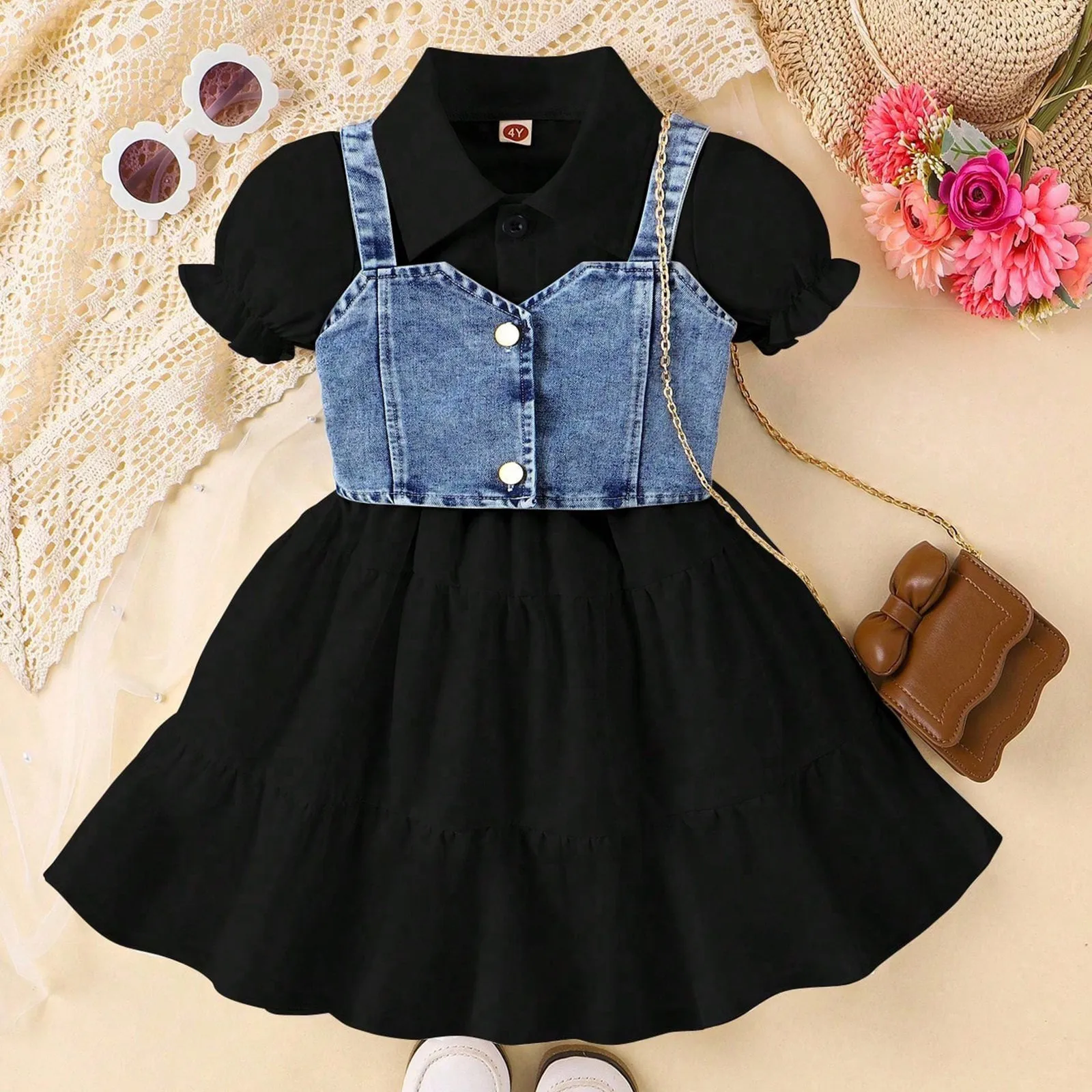 3Y,4Y,5Y,6Y,7Y Kids Girls Clothes Sets Summer Wear Denim Vest+Short Sleeved Shirt Dress Children Girls Two Pieces Outfits Sets