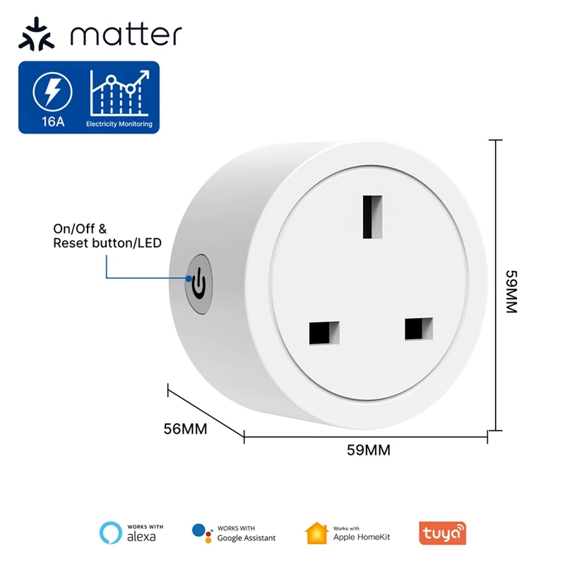 1 PCS Smart Plug Matter Wifi Socket 16A Timer Outlet Power Monitor Support TUYA With For Homekit Google Home Alexa UK Plug