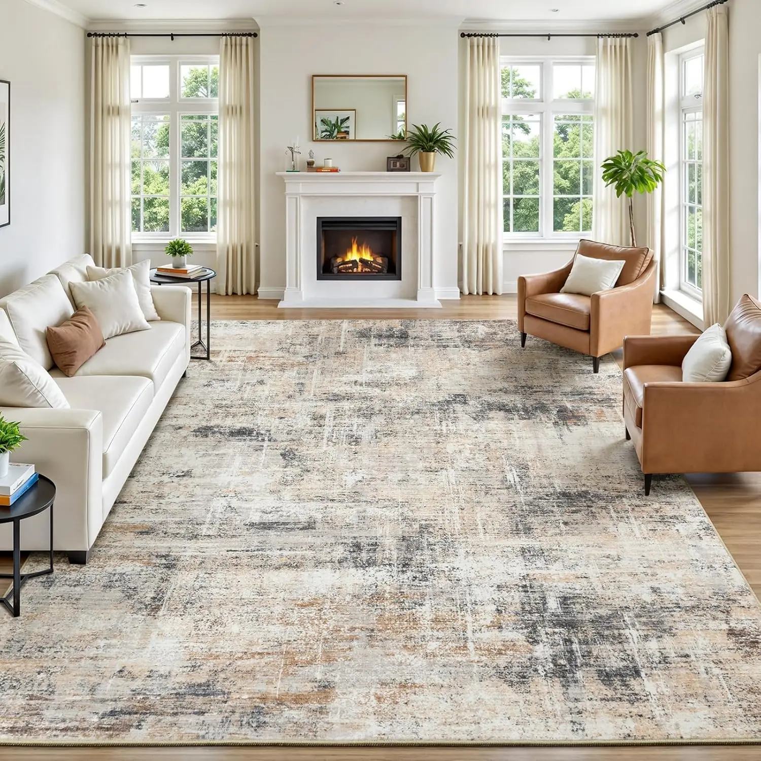 

8x10 Gold Abstract Area Rug, Non-Slip Backing, Washable for Living Room Bedroom Dining Office Nursery Indoor