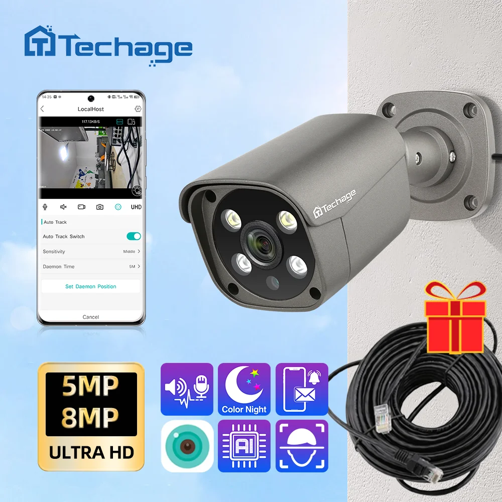 

Techage 8MP 5MP 4MP POE IP Camera HD 4K Security Camera Color Waterproof Night Vision Face Recognition for Surveillance Outdoor