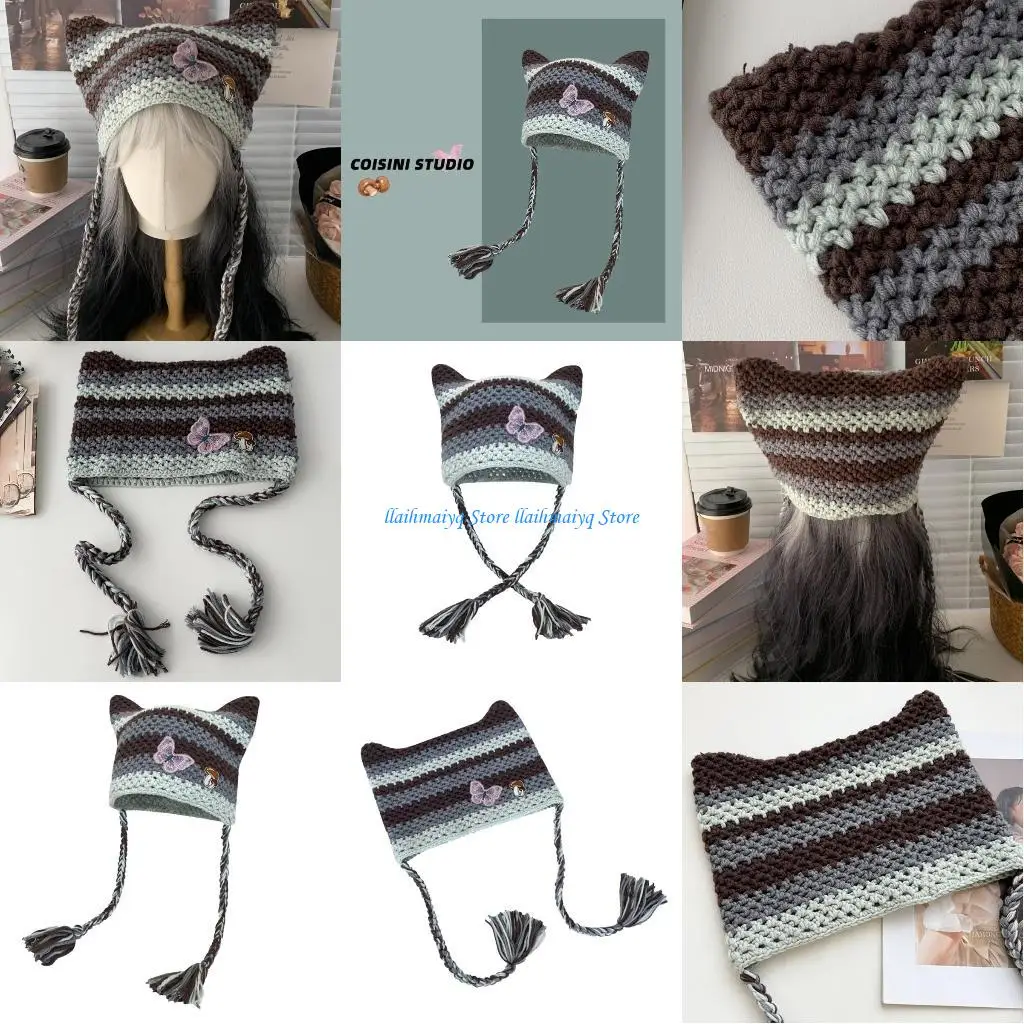 

573B Популярная шапка с кошачьими ушками, полосатая вязаная шапка с наушниками, пуловер для девочек, шапка