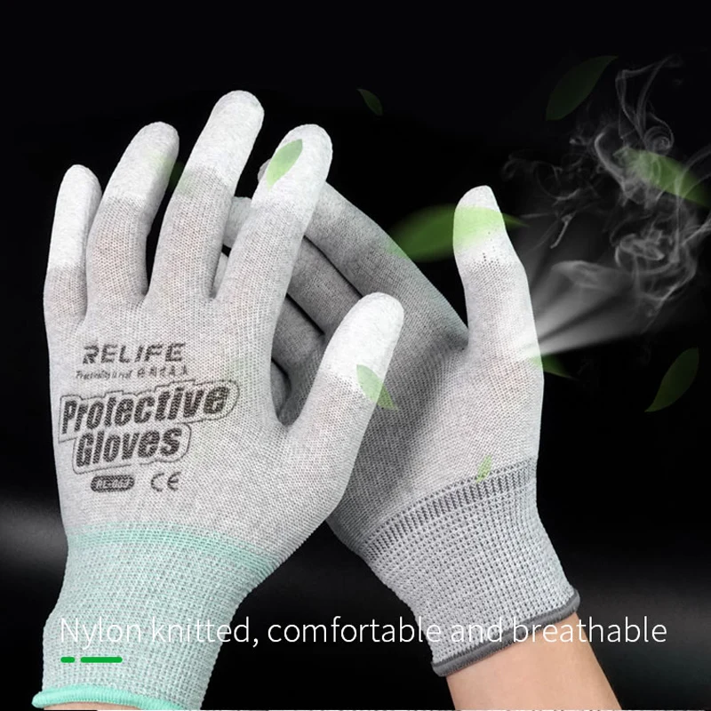 RELIFE RL-063 Anti Static Antiskid Gloves PU Insulation Coated Finger Protection Electronic Working Gloves For Phone Repair