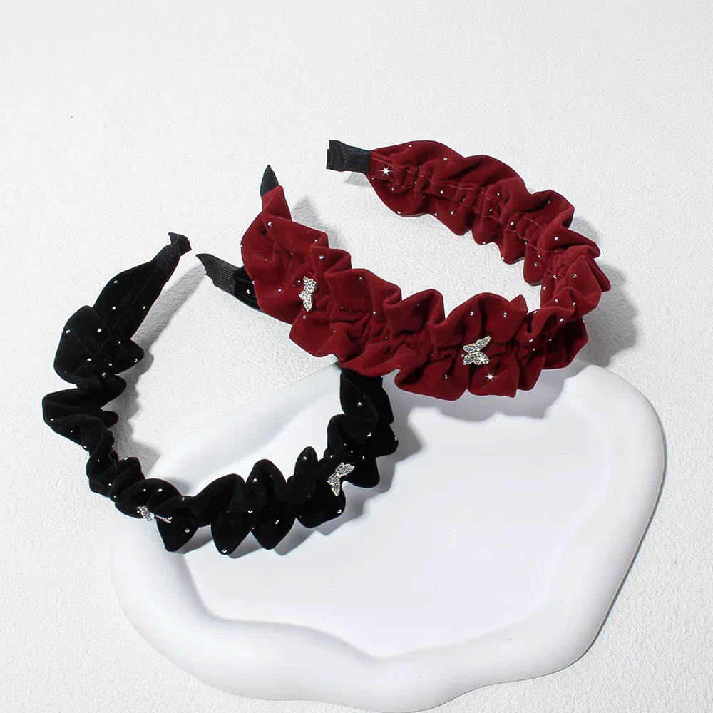 Velvet Butterfly Dot Diamond Headband for Women Ins High-end Hair Accessories High Cranial Top Pressure Headband