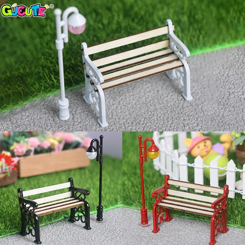 2Pcs/set Dollhouse Miniature Wooden Park Bench Street Lamp Suit Fairy Garden Micro Landscape Ornament Furniture Model Decor Toys