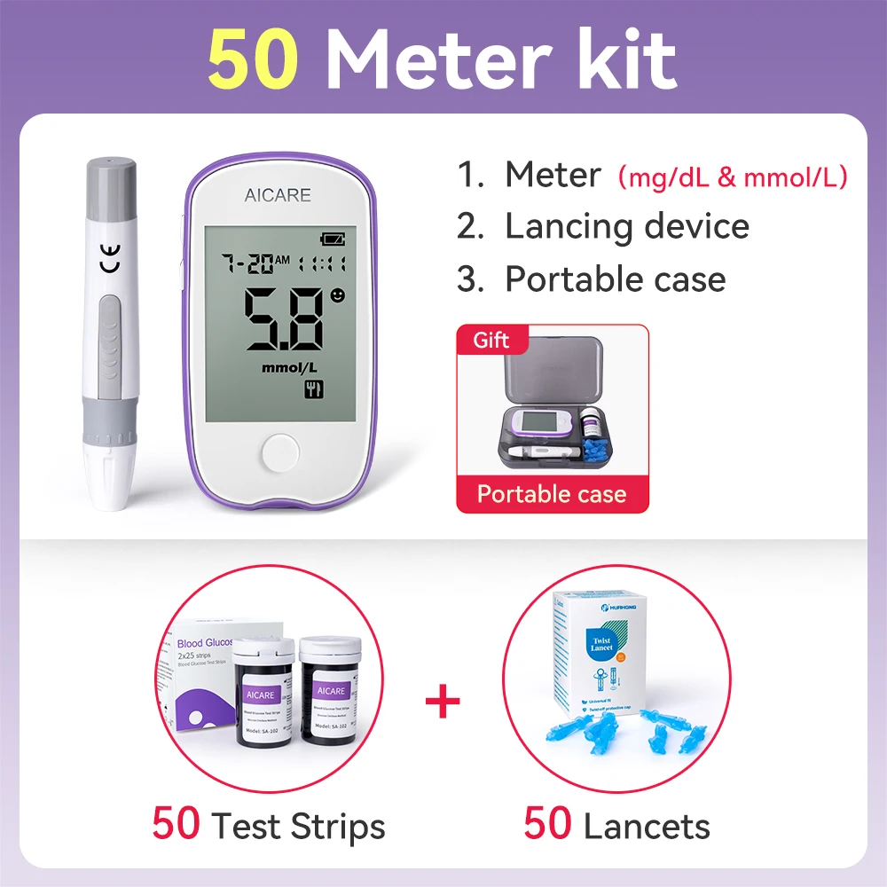 Aicare Blutzuckermessgerät-Set mit 50/100 Teststreifen und Lanzetten, Medizinisches Blutzuckermessgerät für Schnelle Ergebnisse mit nur 0,7μL Probe – Detail 3