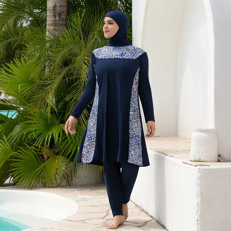 Plus‑Size 3‑Pcs Burkini Swimsuit Women Modest Long‑Sleeve Printed Panel Tunic Top Full‑Length Pants Hijab Islamic Beach Swimwear