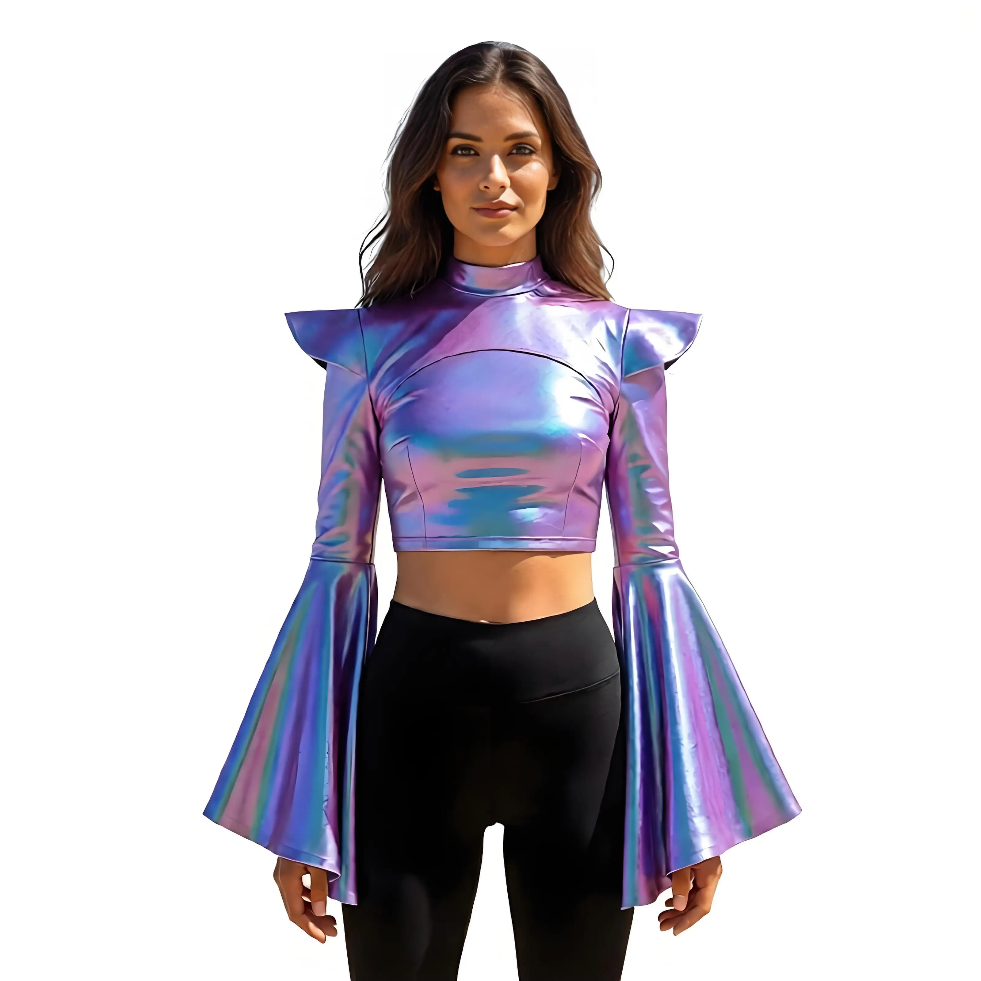 Womens Metallic Shoulder Shawls Astronaut Split Flared Long Sleeve Zipper Gothic Bolero Crop Top Carnival Party Cosplay Costume