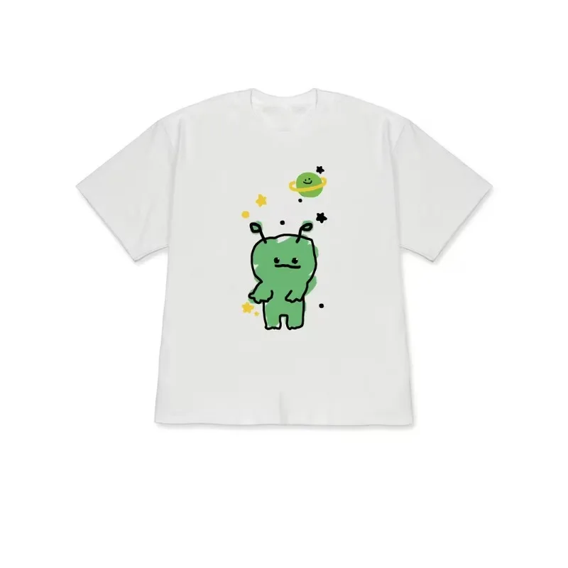 Cartoon Alien Space Graphic Tee Cute Hand Drawn Green UFO Planet Print Casual Daily Crewneck Short Sleeve Women Daily Summer Top