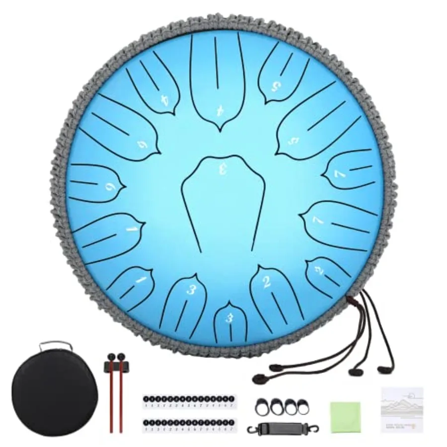 

12 Inch Steel Tongue Drum 15 Notes Blue Handpan Set with Mallets Music Book Carry Bag for Adults Musical Education Meditation Y