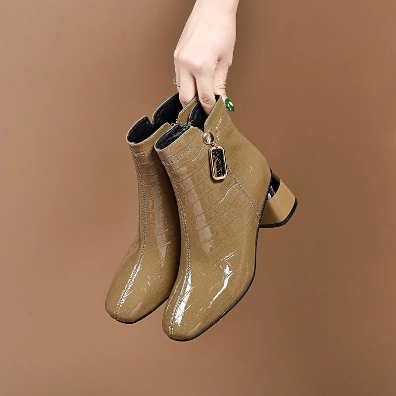 

Autumn Winter Women's Ankle Boots Square Toe Leather Heeled Booties Fashion 2025 New Trend High Quality Female Short Shoes