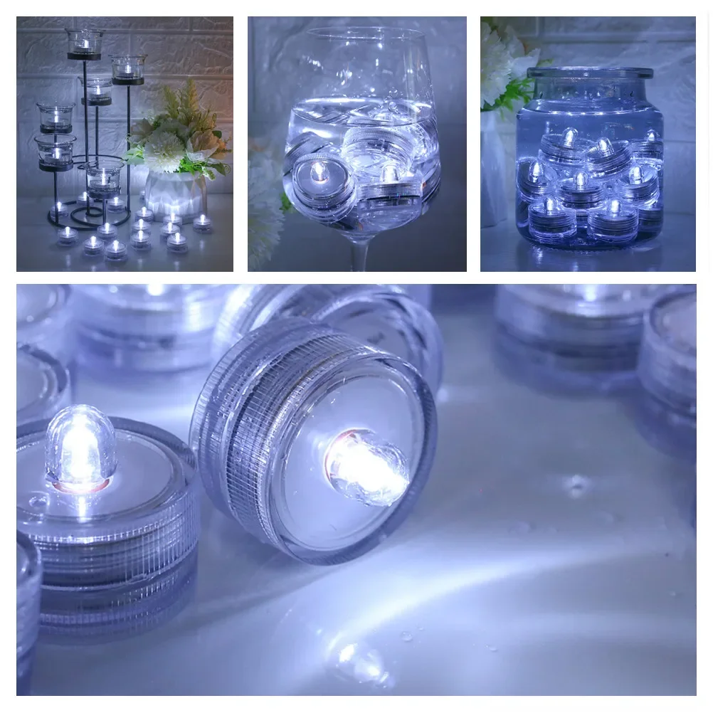 Set of 12 Waterproof LED Tea Lights Submersible Battery Operated LED Candle For Wedding Fountain Vases Tub Fish Tank Decor Light