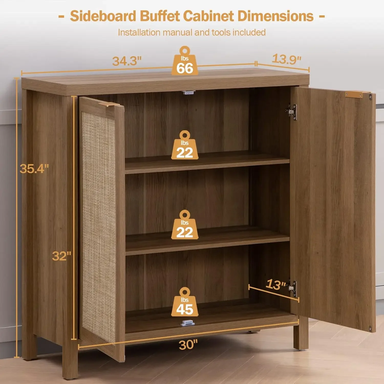 Mobiletto per Buffet con Credenza 1/2/3pc, armadietto per Bar in fattoria con ante decorate in Rattan, Credenza per cassettiera Boho, 3 colori