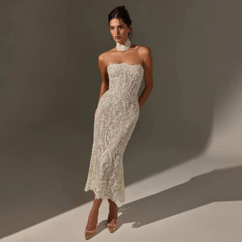 OLOEY Luxury Ivory Lace Mermaid Wedding Dresses Sexy Strapless Sleeveless Tea-Length Bridal Gowns Vestidos De Novia
