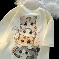 Camiseta de manga curta feminina, estampa fofa dos desenhos animados com gato, gola redonda, solta, casual, versátil, verão