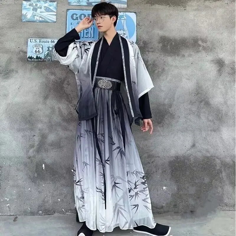 Ancient men's gray and black bamboo pattern Hanfu four-piece Chinese costume Halloween stage performance costume