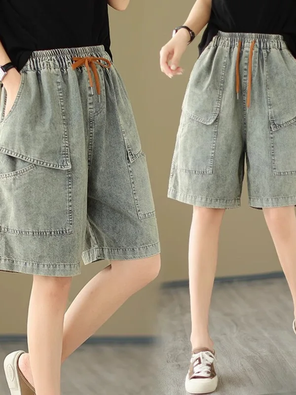 

Джинсы свободного кроя с высокой талией, летние универсальные утягивающие брюки пяти четвертей с тонкой талией для женщин больших размеров