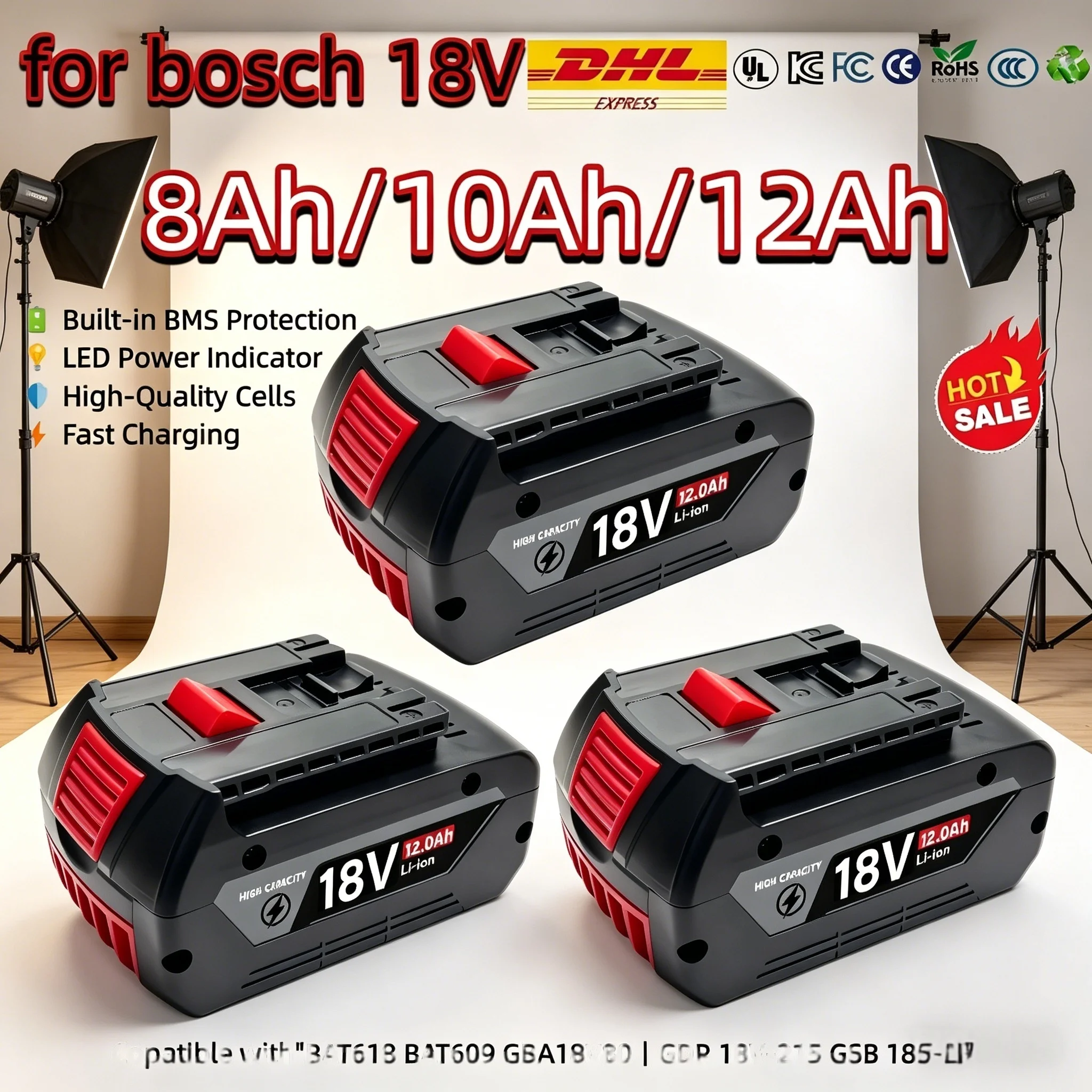 

8Ah 10Ah 12Ah for Bosch 18V Battery BAT618 BAT609 GBA18V80 for GSB 185-LI GDR 18V-215 with BMS protection EU Stock