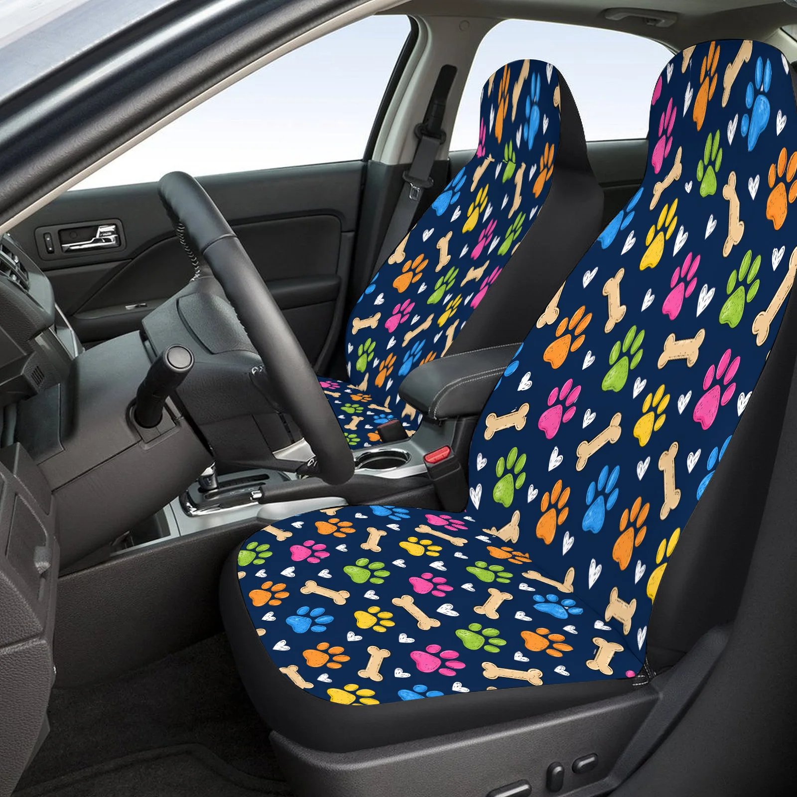 Paw Bones Pattern Car Seat Cover Set For Most Cars Trucks, Fashionable Breathable Car Seat Protector Covers Full Set, Universal