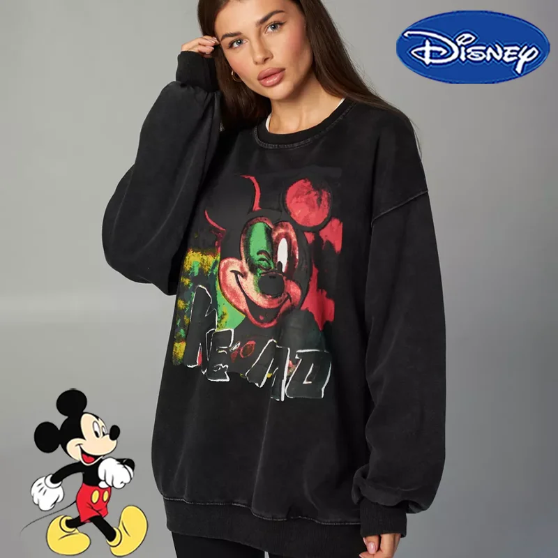 Disney Mickey Mouse Vintage Washed Sweatshirts Cartoon Woman Cotton Printed Round Neck Long T-shirt Fashion Loose Outdoor Tops