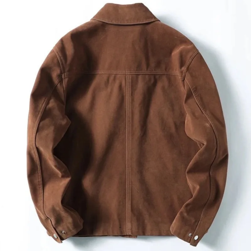 Jaqueta utilitária de camurça masculina, jaqueta vintage de couro marrom, jaqueta primavera outono, corta-vento, trench coats, roupas de outono
