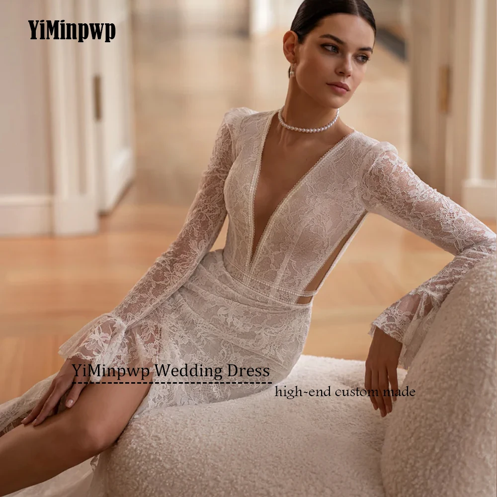 Kant Trouwjurken Luxe 2025, Zeemeermin Volledige Mouw Split Vooraan Bruidsjurken Applique Sweep Trein Vestidos De Novia Aangepast