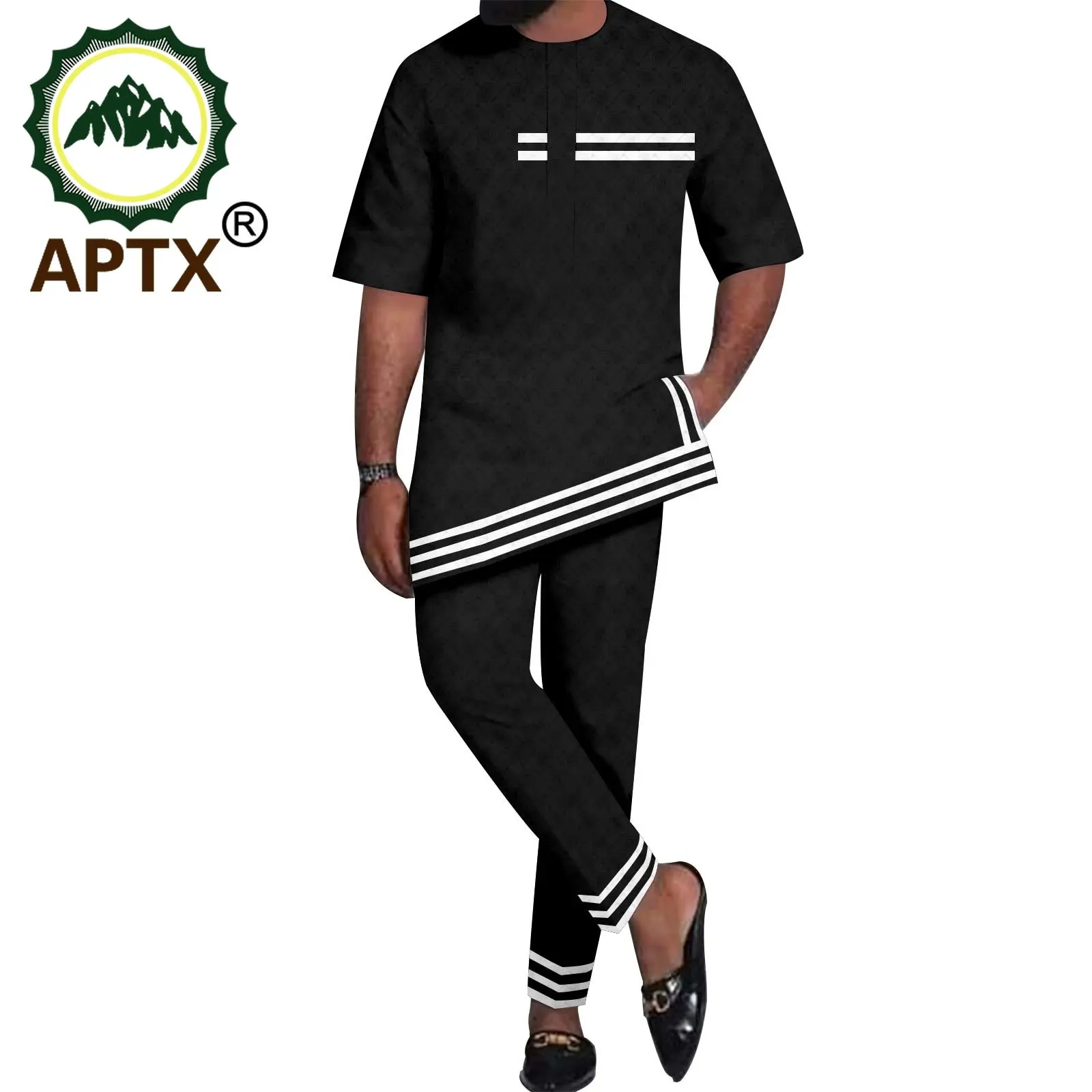 APTX  Summer African Men Suit Sportswear Short Sleeve Shirt+Full Length Pants 2 Pieces Dashiki Casual Set TA2216142