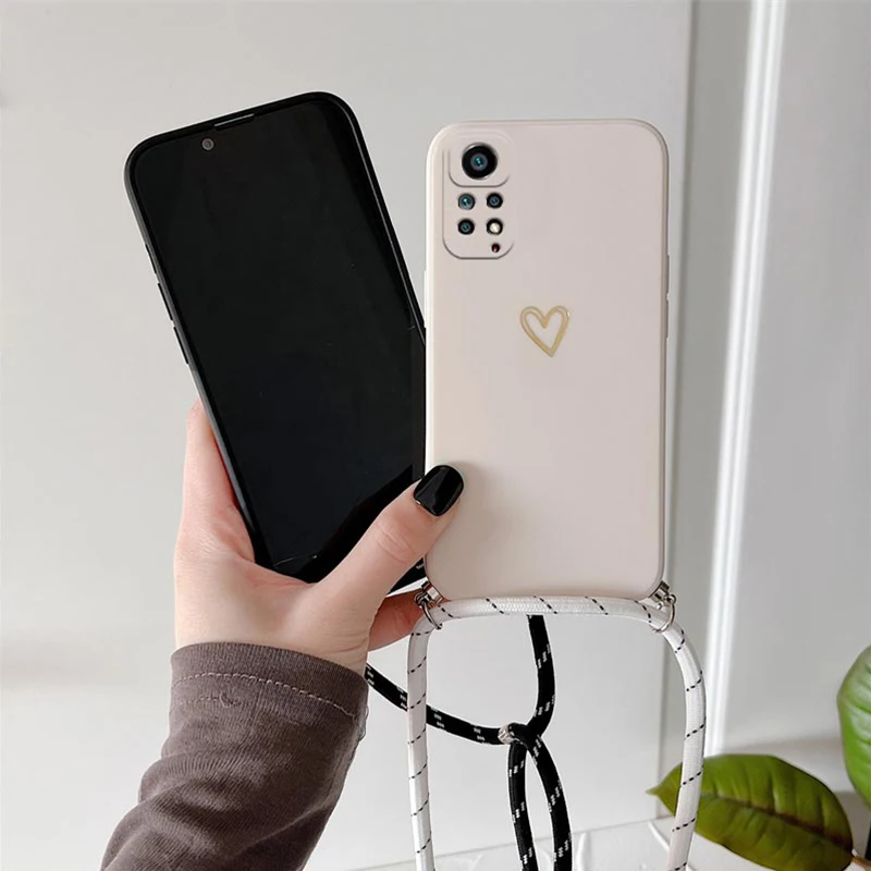 Crossbody Lanyard Silicone Phone Case For Xiaomi Redmi Note 10 Pro 11 12 8 9 Pro Max Plus 7 Redmi 9A 9T 9C 10C Love Heart Cover view 4