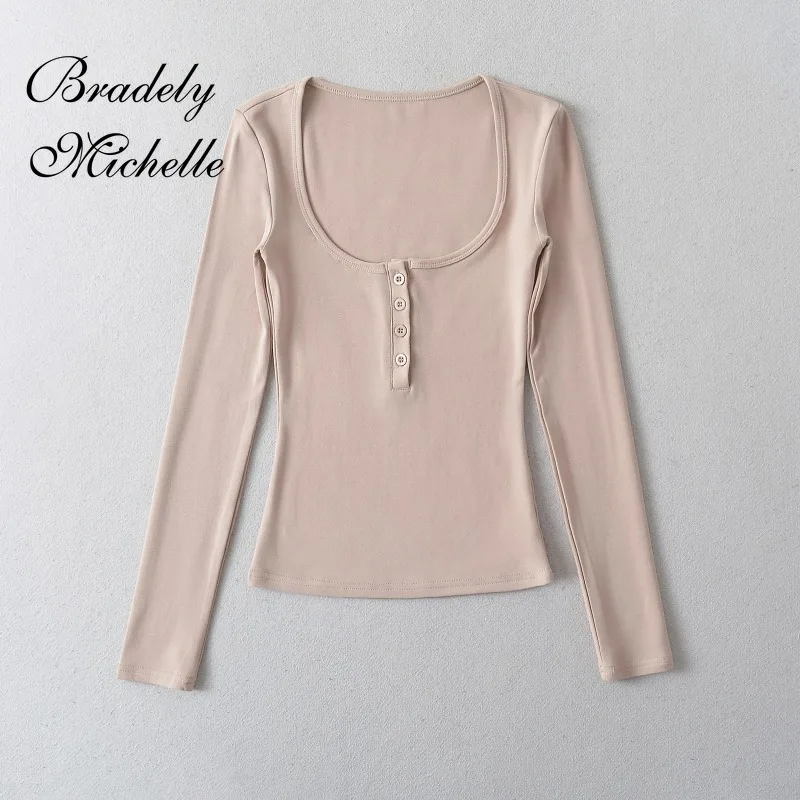 Solid Color Square Collar Spring Women Long Sleeve Tops Single-breasted Sexy Pullover Solid Bottoming Blouses T-shirt