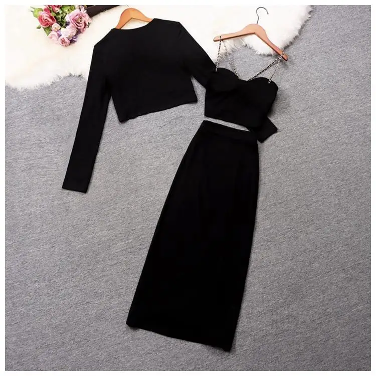 Women Black Suit Vest Crop Top Cardigan And Midi Long Skirt Three Piece Set Ladies Spring Summer Matching Outfit  3 Pcs Clothes