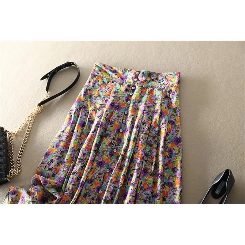 تنورة حلوة مطلية بالزهور مع طيات عالية الخصر حريرية كاملة سوينغ المرأة توصية الحب الذاتي تخفيف Sle الصيف... #2