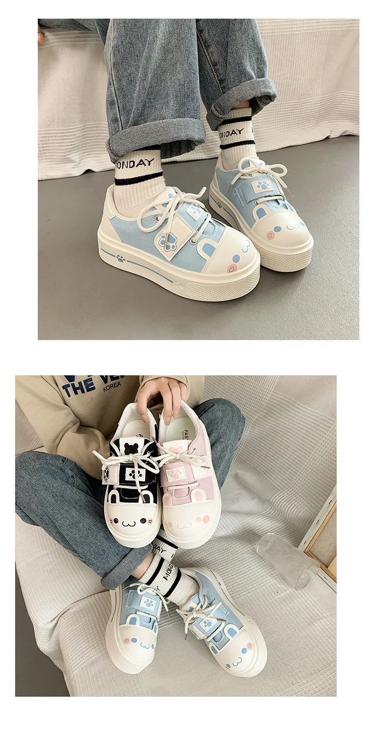 Kuschelige Katzenpfoten-Canvas-Schuhe, Schnür-Sneaker mit Kätzchen-Patchwork für Damen, Plateau-Schuhe aus Kunstleder, Lolita-Chunky-Trainer – Detail 12
