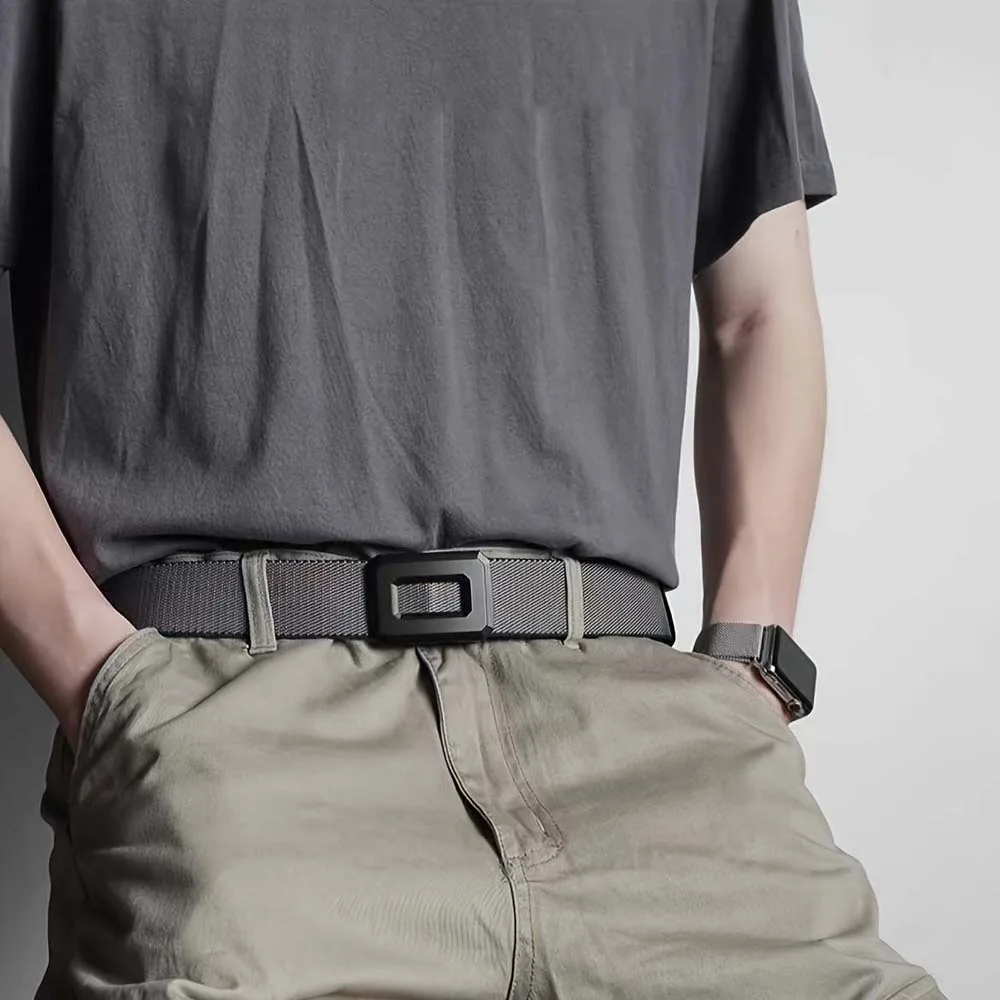 

Fashion Adjustable Men Nylon Belt Hollow Swivel Buckle Reversible Cloth Waistband Texture Sewn Sturdy Cloth Belt Outdoor
