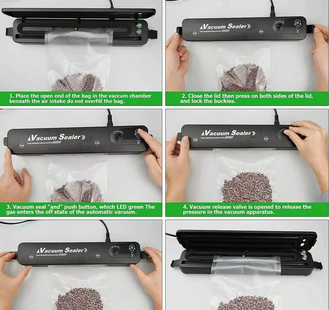 Máquina selladora al vacío automática, sellador al vacío de alimentos para ahorro de alimentos, sistema de sellado de aire para almacenamiento de alimentos en seco con 10 Uds. De bolsas selladas