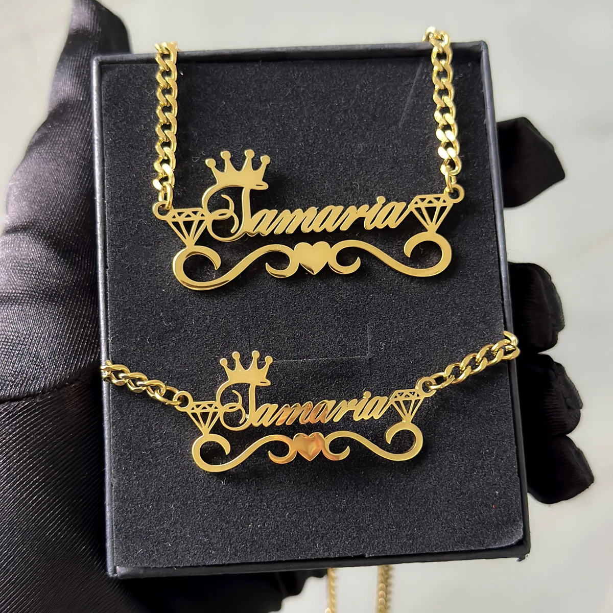 New Custom Name Suit With Crown Necklace Bracelet Set Personalized Cuban Chain Necklace Stainless Steel Nameplate Set For Women