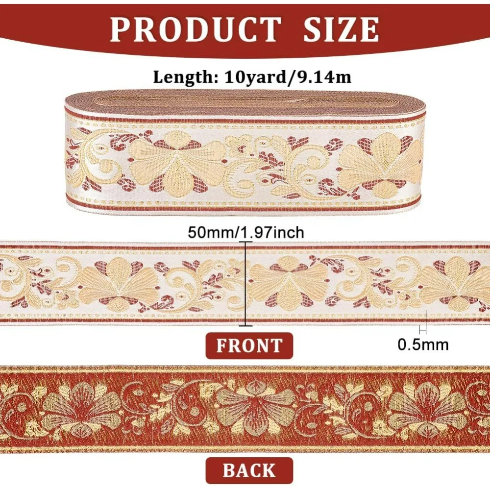 10 Yards Jacquard Ribbon 2 Inch White Ethnic Metallic Gold Ribbon Single Face Embroideried Lace Trim Floral Pattern Vintage