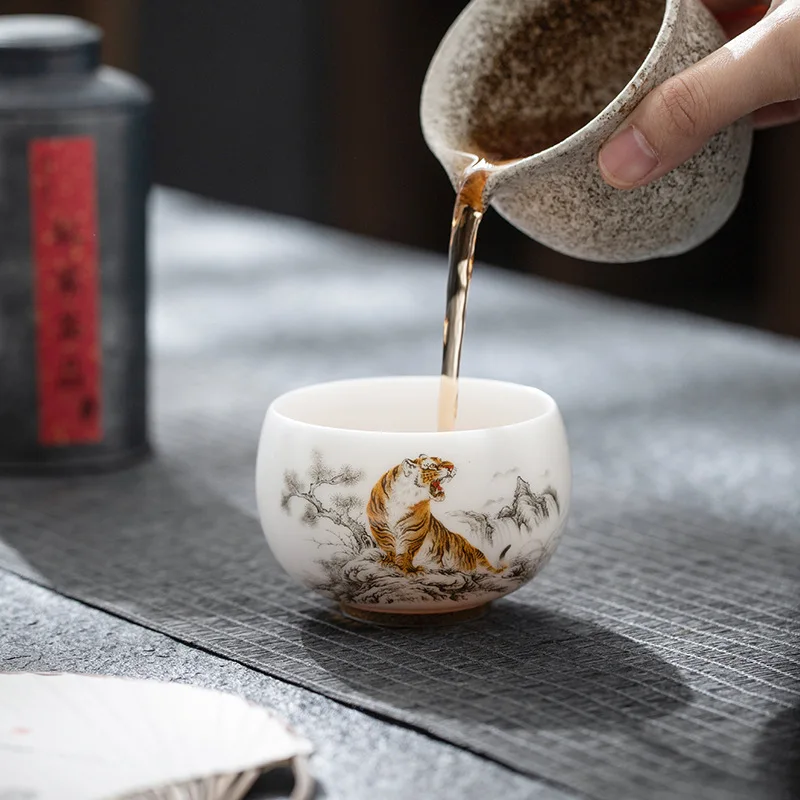 High-End Sheep Fat Jade Master Unglazed White Porcelain Zodiac Tiger Large Single Cup Personal Use Tea Bowl