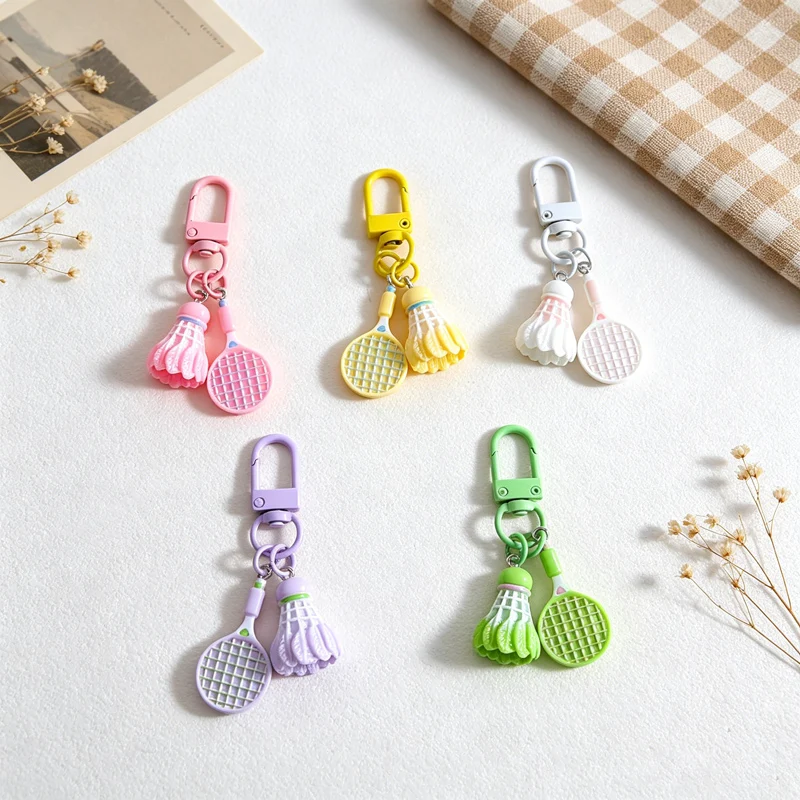 2pcs Cute Mini Resin Badminton Racket Shuttlecock Charm Keychain for Backpack Keys Decor Accessories Sports Fans Gifts