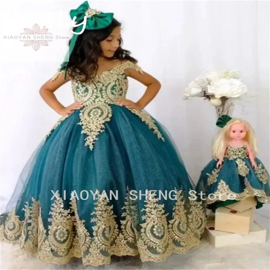 

Victorian Teal Green Flower Girls Dresses 2024 Gold Appliques Lace A Line Princess Girls Pageant Dress For Eid Elegant Birthday